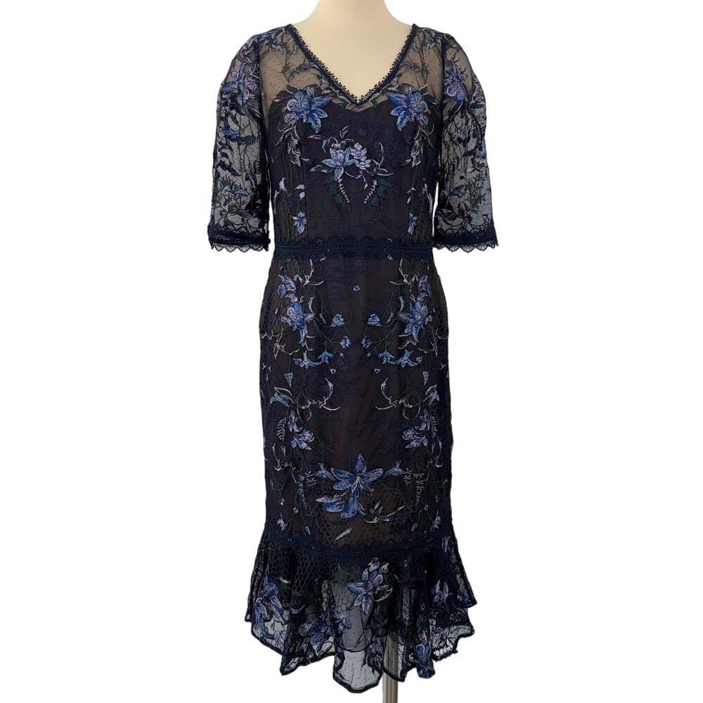Marchesa Notte V-Neck Embroidered Lattice Tulle Mesh Sheath Dress Navy Blue 8